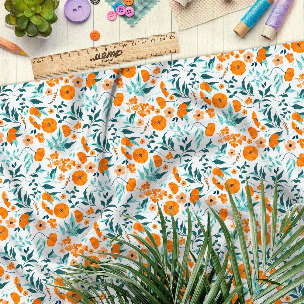 Ткань бифлекс выцвевшие маки и листья на белом фоне