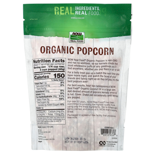 NOW Foods, Real Food, органический попкорн, 680 г (1,5 фунта)