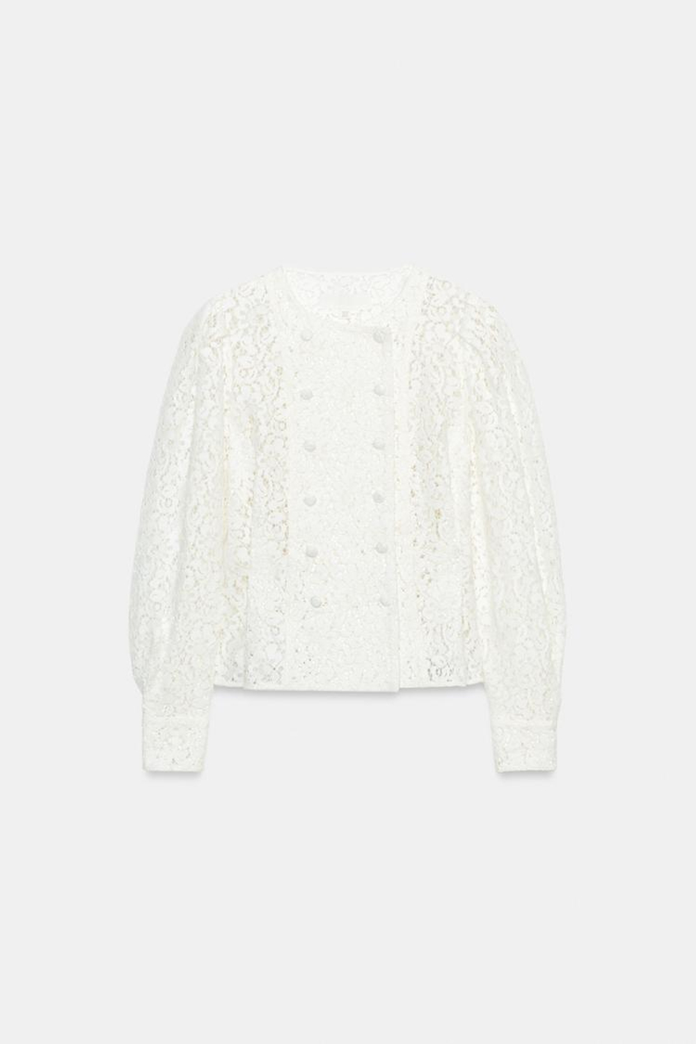 ZARA ДВУБОРТНАЯ КУРТКА С КРУЖЕВОМ, БЕЛЫЙ