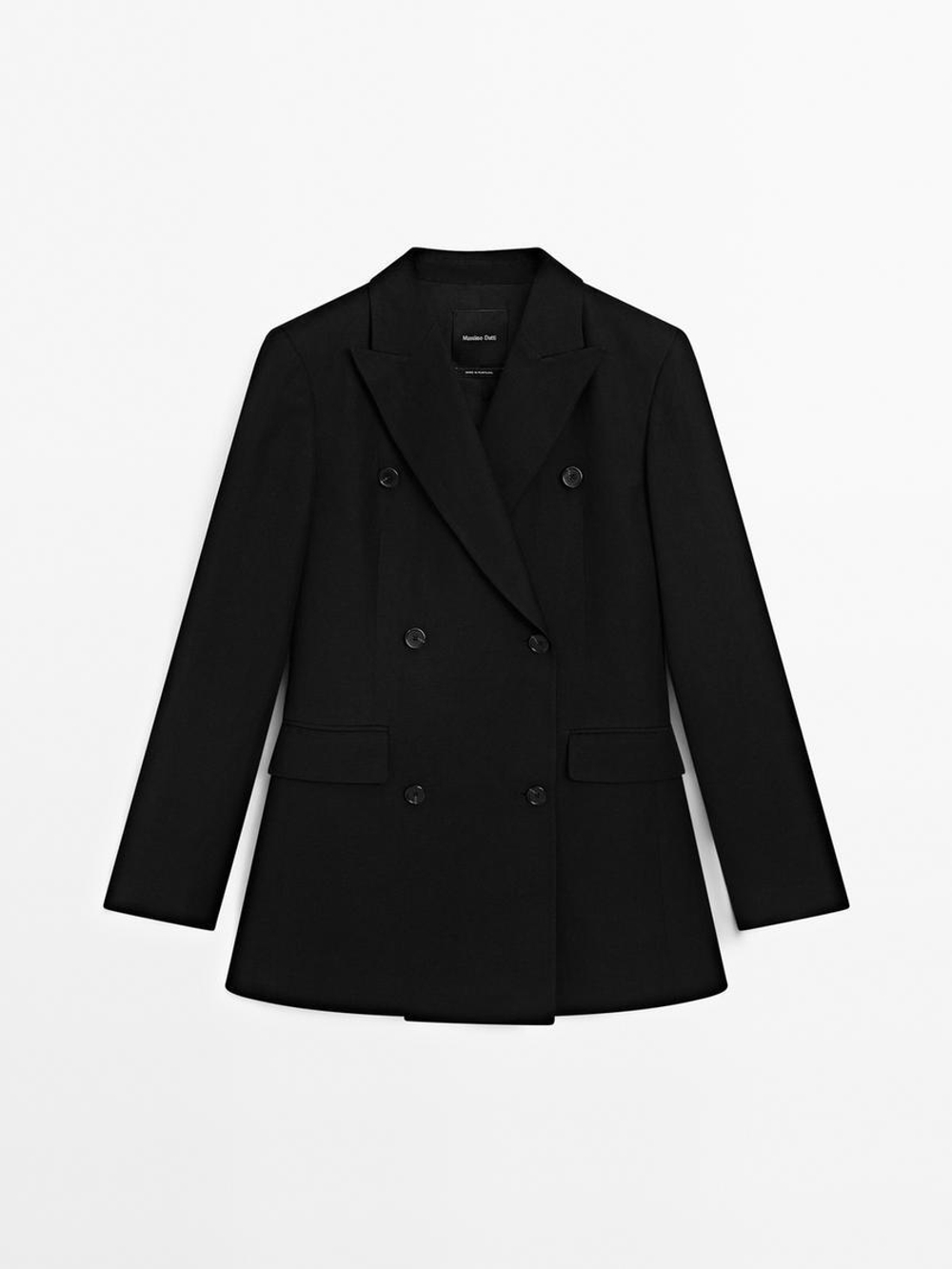 Massimo Dutti Двубортный пиджак из смесового льна, черный