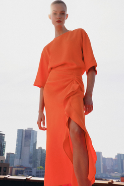 ZARA ПЛАТЬЕ МИДИ СО СБОРКАМИ — ZW COLLECTION, КОРАЛЛОВЫЙ/КРАСНЫЙ