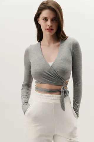 Лонгслив с завязками в стиле баллет цвета серый меланж