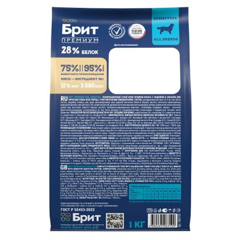 Корм для собак сухой BRIT PREMIUM с лососем и индейкой для собак "Dog Sensitive", 1 кг