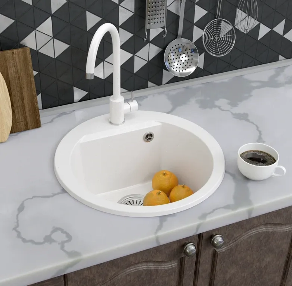 Мойка POLYGRAN ATOL-520 белый хлопок №36, смеситель SKS5 белый