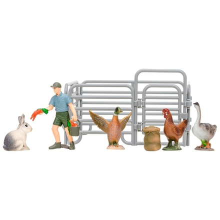 Игрушки фигурки в наборе серии "На ферме",  7 предметов (фермер, кролик, утка, курица, гусь, ограждение-загон, инвентарь)