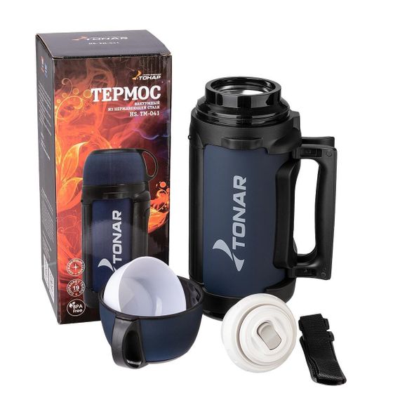 Термос TONAR 1400ML HS.TM-041 (крышка-кружка с ручк, доп.пл.чашка, скл.ручки, ремень)