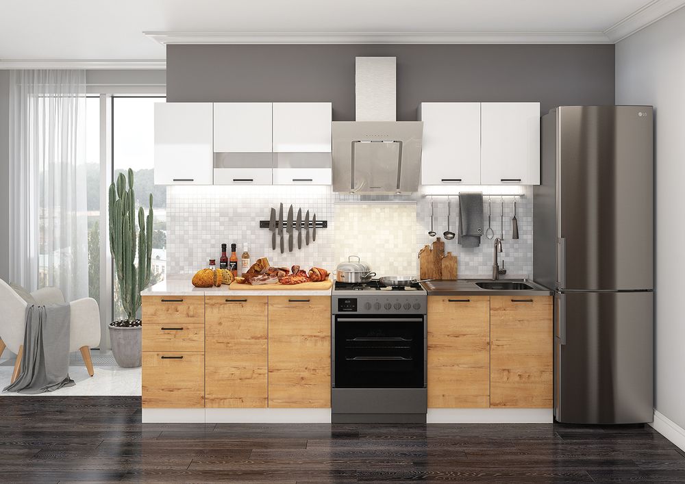 Кухня «Дуся» комплект 2.0 Белый бриллиант / Дуб бунратти