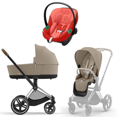 Коляска 3 в 1 Cybex Priam IV Chrome Brown complete и автокресло Aton S2 i-Size Hibiscus Red Cozy Beige