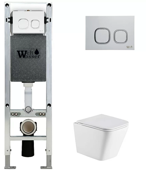 Унитаз подвесной WeltWasser AMBERG 350 ST + GELBACH 043 MT-WT + AMBERG RD-WT белый матовый, безободковый, с крышкой микролифт, слив-торнадо, с инсталляцией и белой кнопкой