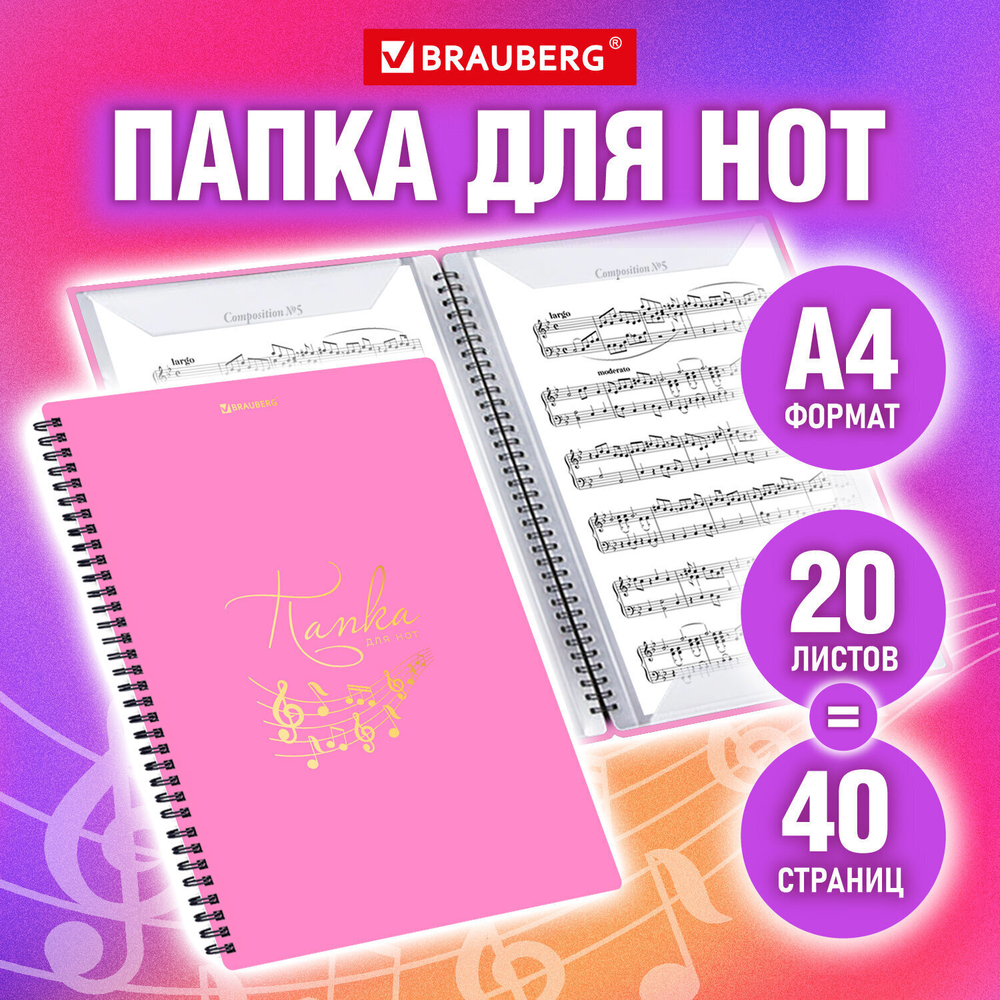 Папка-тетрадь для нот А4 20 вкладышей на 40 страниц на гребне пластик РОЗОВАЯ BRAUBERG (3 штуки в упаковке)