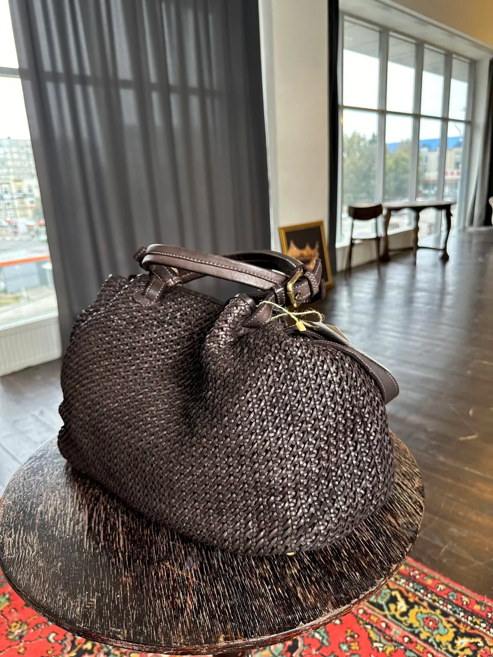 Женская плетеная сумка из натуральной винтажной кожи коричневого цвета