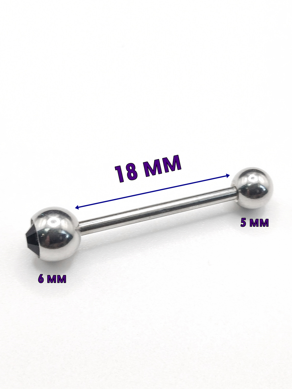Штанга 18 мм для пирсинга языка, с кристалом 6 мм и шариком 5 мм из медицинской стали. 1шт.
