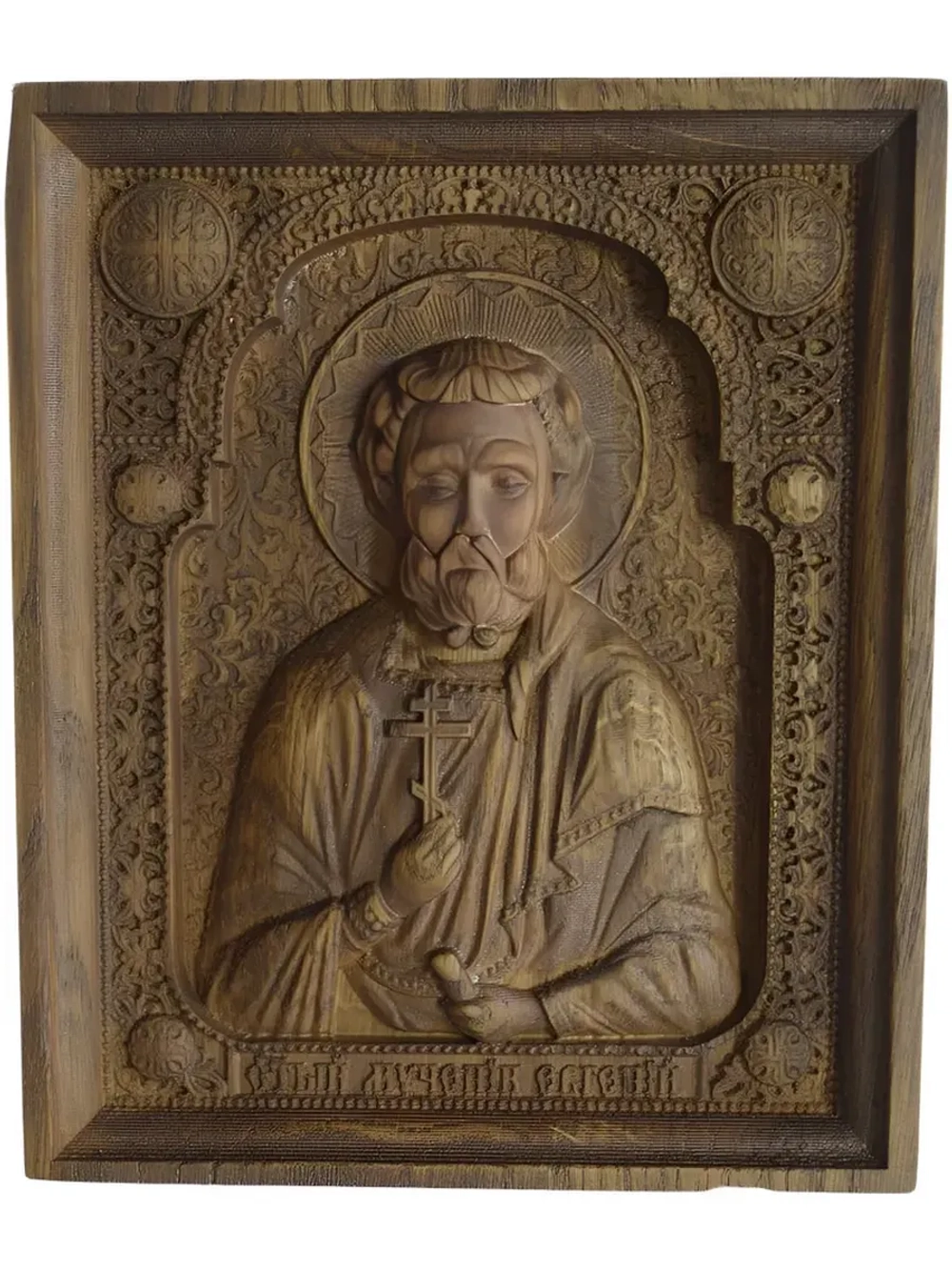 Освященная Икона Евгений Севастийский, резная, из дуба