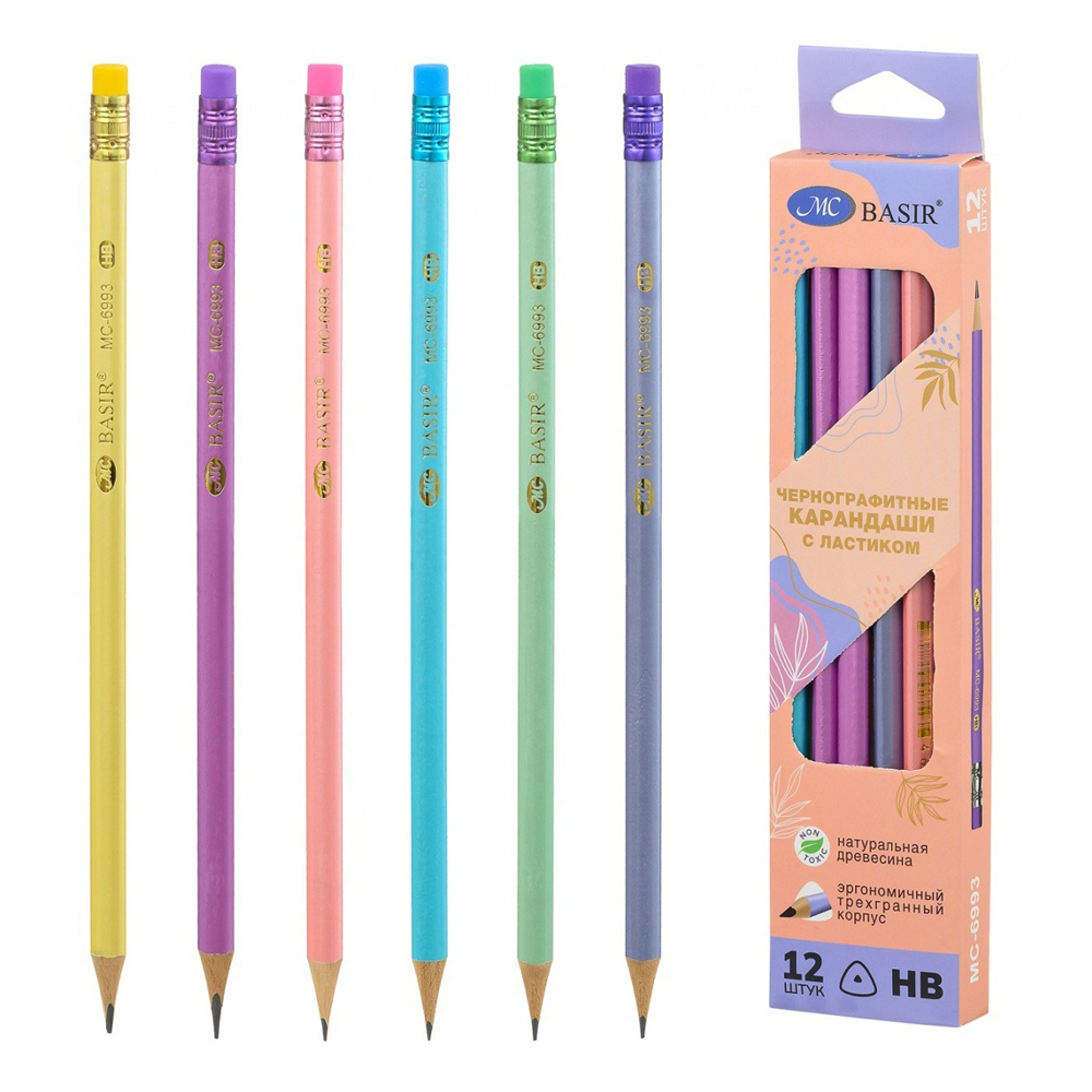 Карандаш простой, чернографитный, Basir, деревянный, с ластиком, цветной перламутровый корпус, 12 шт