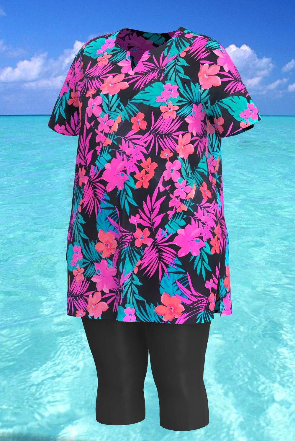 Купальный костюм 17250-17133 розовые цветы на черном