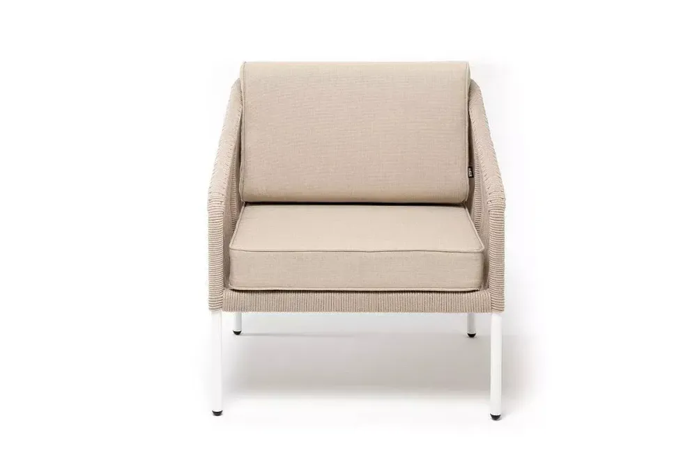 "Канны" кресло плетеное из роупа, каркас алюминий белый муар, роуп бежевый круглый, ткань бежевая 15052