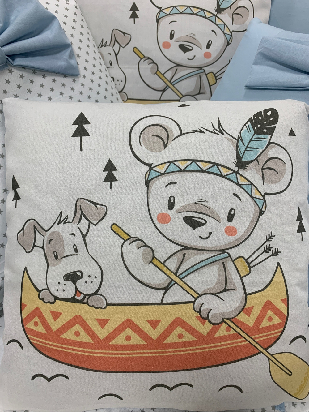 Комплект в кроватку 18 предметов "Мышка с собакой в лодочке" голубой, сатин