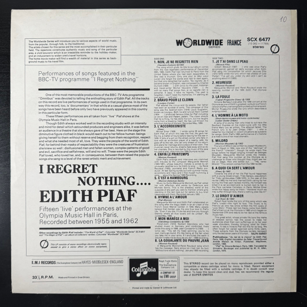 Edith Piaf ‎– I Regret Nothing (Англия 1971г.) Promo