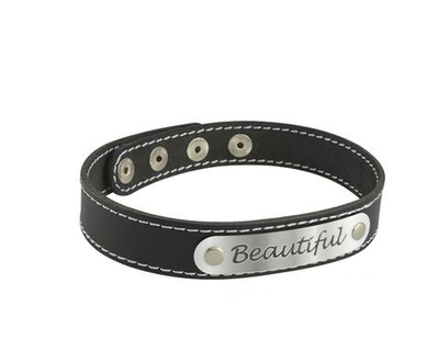 Черный чокер с белой строчкой Beautiful (Цвет: черный с серебристым)