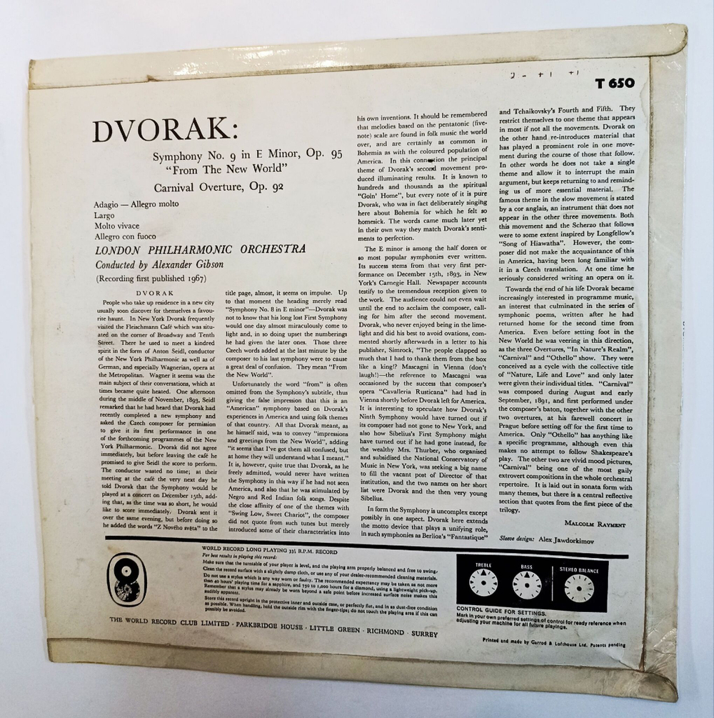 Винтажная виниловая пластинка LP Dvorak Антонин Дворжак, The London Philharmonic Orchestra, Alexander Gibson Symphony No. 9 In E Minor, Op. 95 Из Нового Света, Op. 92 (UK 1963)