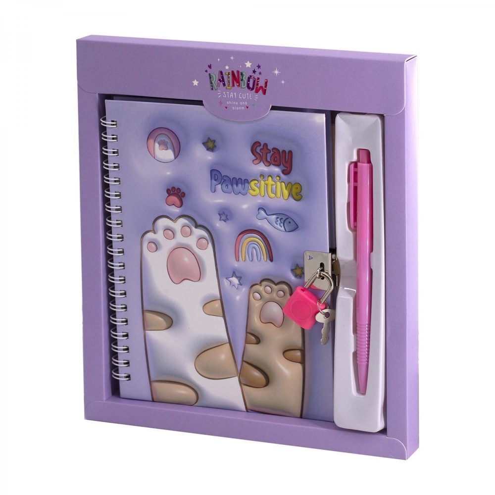 Блокнот в футляре, 17,5 см * 19,5 см, гребень, Alingar, ламин, эффект 3D, ручка, замочек, клетка, 46 л., "Лапки", сиреневый