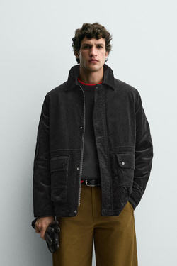 ZARA ВЕЛЬВЕТОВАЯ КУРТКА С КАРМАНАМИ, УГОЛЬНЫЙ