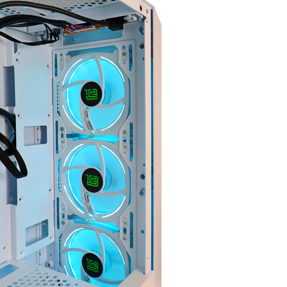Корпус BaseTech eXtreme GFX-03, Без БП, ATX, белый, 4xICE BLUE FAN, 2xUSB2, 1xUSB3, бок: закалённое стекло (BT-GFX-03W-MESH-4F-IB)