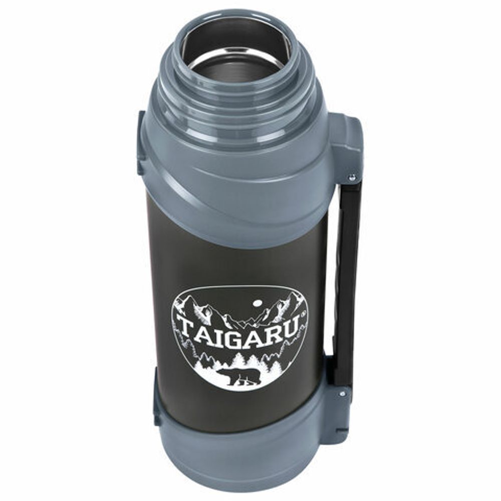 Термос классический, нержавеющая сталь 2 л, черно-серый, 2 кружки, ручка + ремешок, TAIGARU, 608818