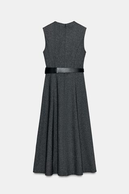 ZARA ПЛАТЬЕ-МИДИ С ПОЯСОМ, СЕРЫЙ МЕЛАНЖ