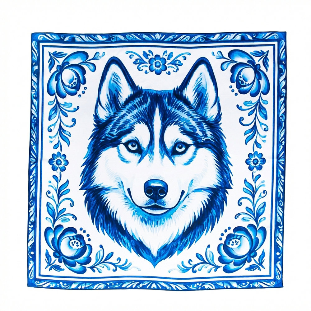 Шейный платок «Хаски (гжель)», 70×70 см