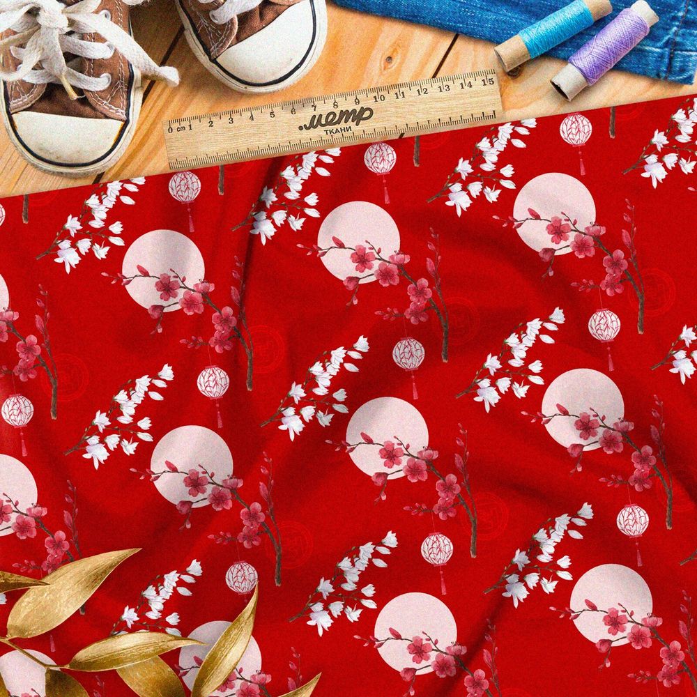 Ткань ниагара цветущая сакура на фоне полной луны и красного неба