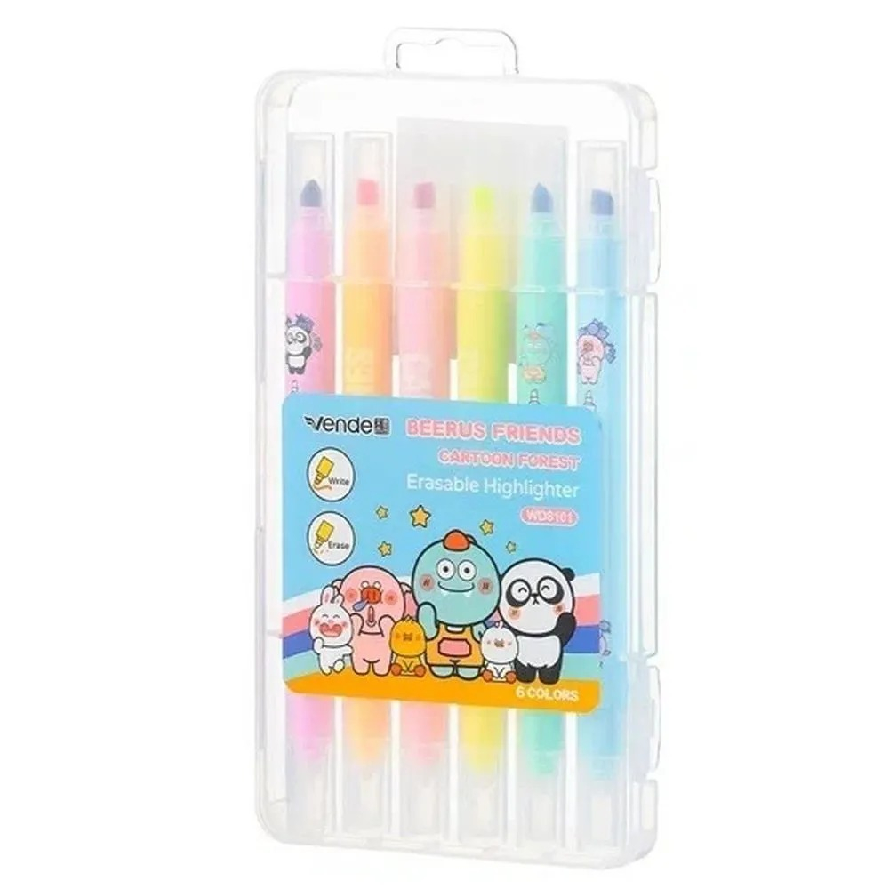 Набор стираемых текстовыделителей, 6 шт, шести цветов, в кейсе, текстмаркеры детские длиной 14.5 см, фломастеры хайлайтеры MC-Basir со специальным стирателем