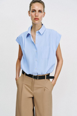 ZARA КОРОТКАЯ РУБАШКА-БАЛЛОН, ГОЛУБОЙ