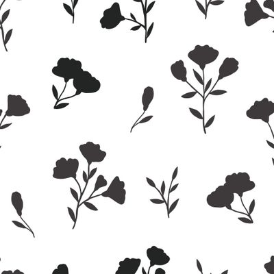Черные силуэты растений на белом фоне. Ботанический узор из цветов, ветвей.