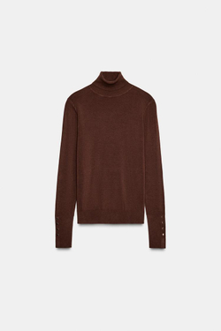 ZARA БАЗОВЫЙ ТРИКОТАЖНЫЙ ДЖЕМПЕР С ВЫСОКИМ ВОРОТНИКОМ, ШОКОЛАДНЫЙ