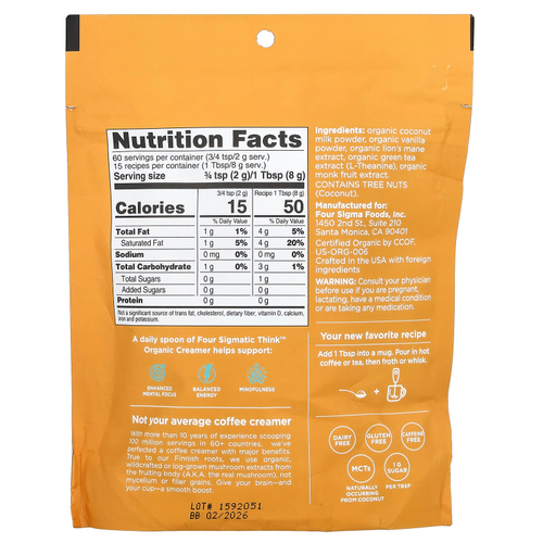 Four Sigmatic, Think Organic Creamer, без молочных продуктов, ваниль и кокос, 120 г (4,23 унции)
