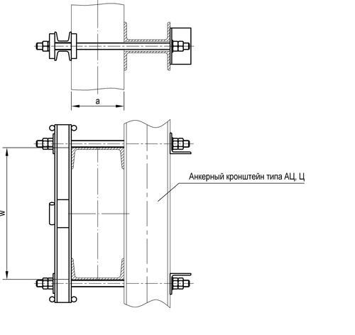 Узел крепления анкерного кронштейна на металлической стойке (на широкую сторону)