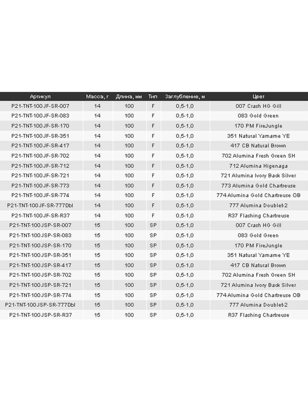 Воблер Tantalisa 100JF-SR 721 100мм 14.0 гр 0.5-1.0 м.