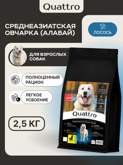 Корм сухой для взрослых собак породы Среднеазиатская овчарка (Алабай), премиум полнорационный комплекс, с лососем, 2,5 кг, QUATTRO