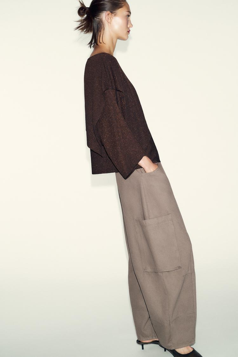 ZARA ТРИКОТАЖНЫЙ СВИТЕР-НАКИДКА С БЛЕСТЯЩЕЙ НИТЬЮ, КОРИЧНЕВЫЙ