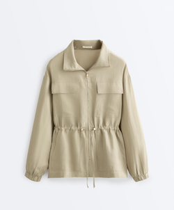 Oysho Куртка с присборенной талией из смеси лиоцелла и 24% льна, бежево-зеленый