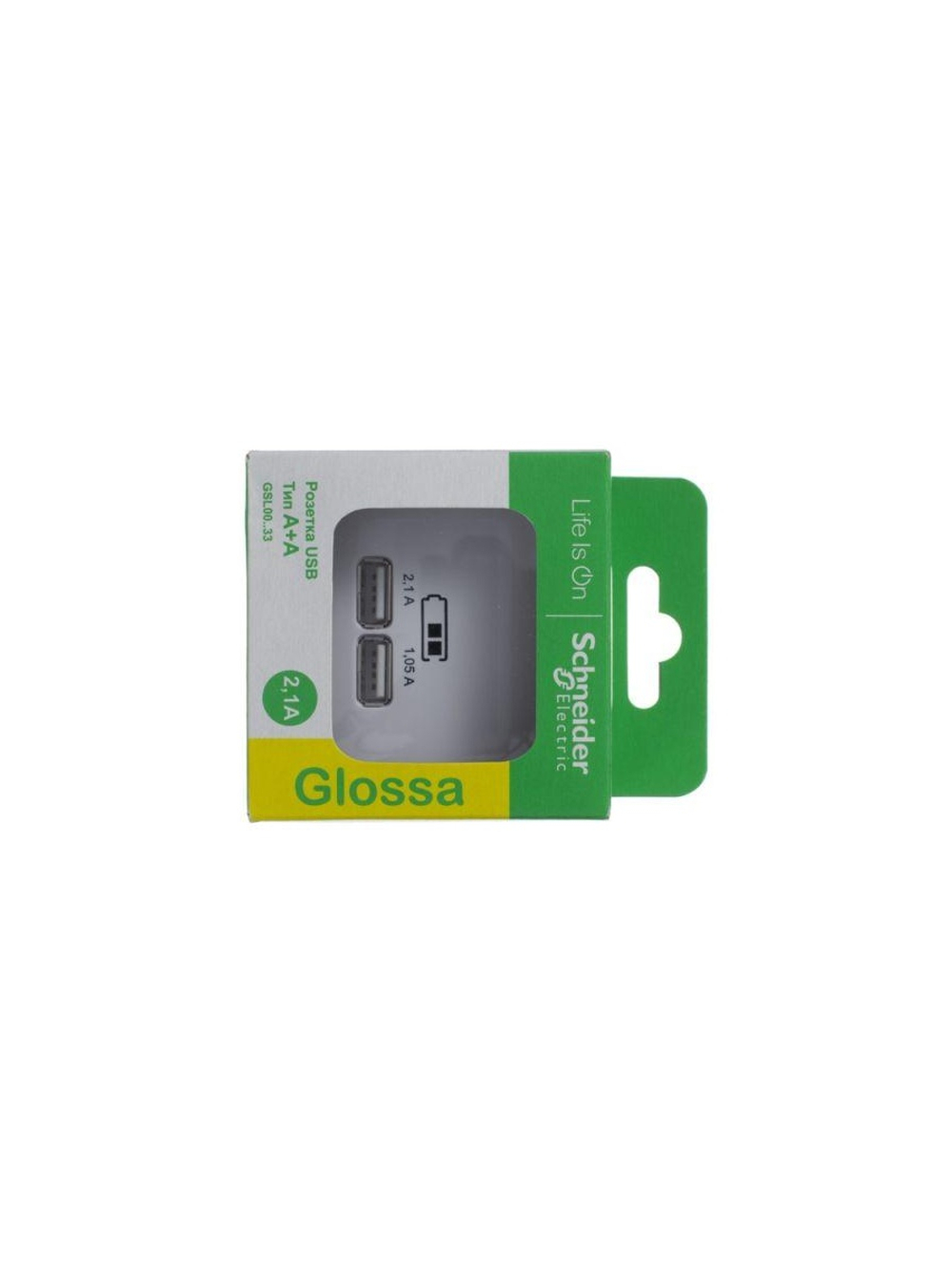 Розетка USB 2-м СП Glossa тип A+A 5В/2.1А 2х5В/1.05А механизм бел. SE GSL000133
