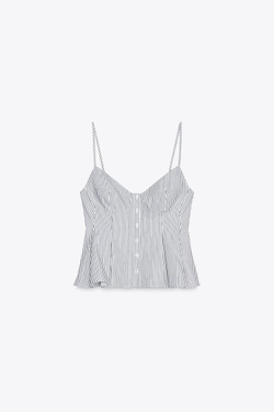 ZARA ТОП ИЗ ПОПЛИНА С ПЛИССИРОВКОЙ, БЕЛЫЙ/ЗЕЛЕНЫЙ