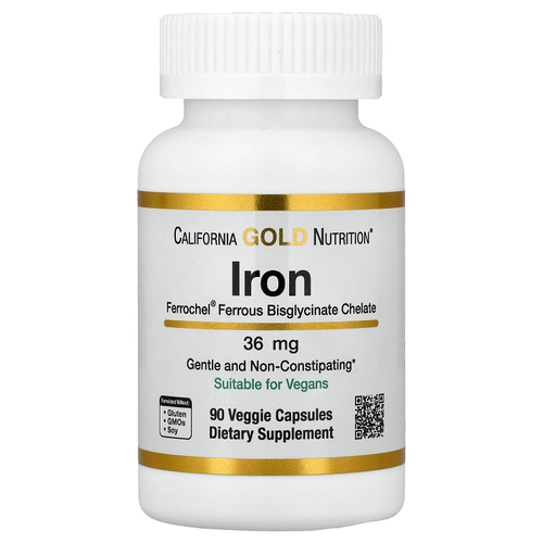California Gold Nutrition, Ferrochel®, железо (бисглицинат), 36 мг, 90 растительных капсул
