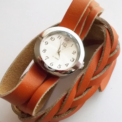 Женские наручные часы. Кожаный плетенный ремешок намотка (оранжевый).