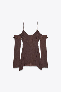 ZARA ТОП С ОТКРЫТЫМИ ПЛЕЧАМИ И ВОЛАНАМИ, КОРИЧНЕВЫЙ