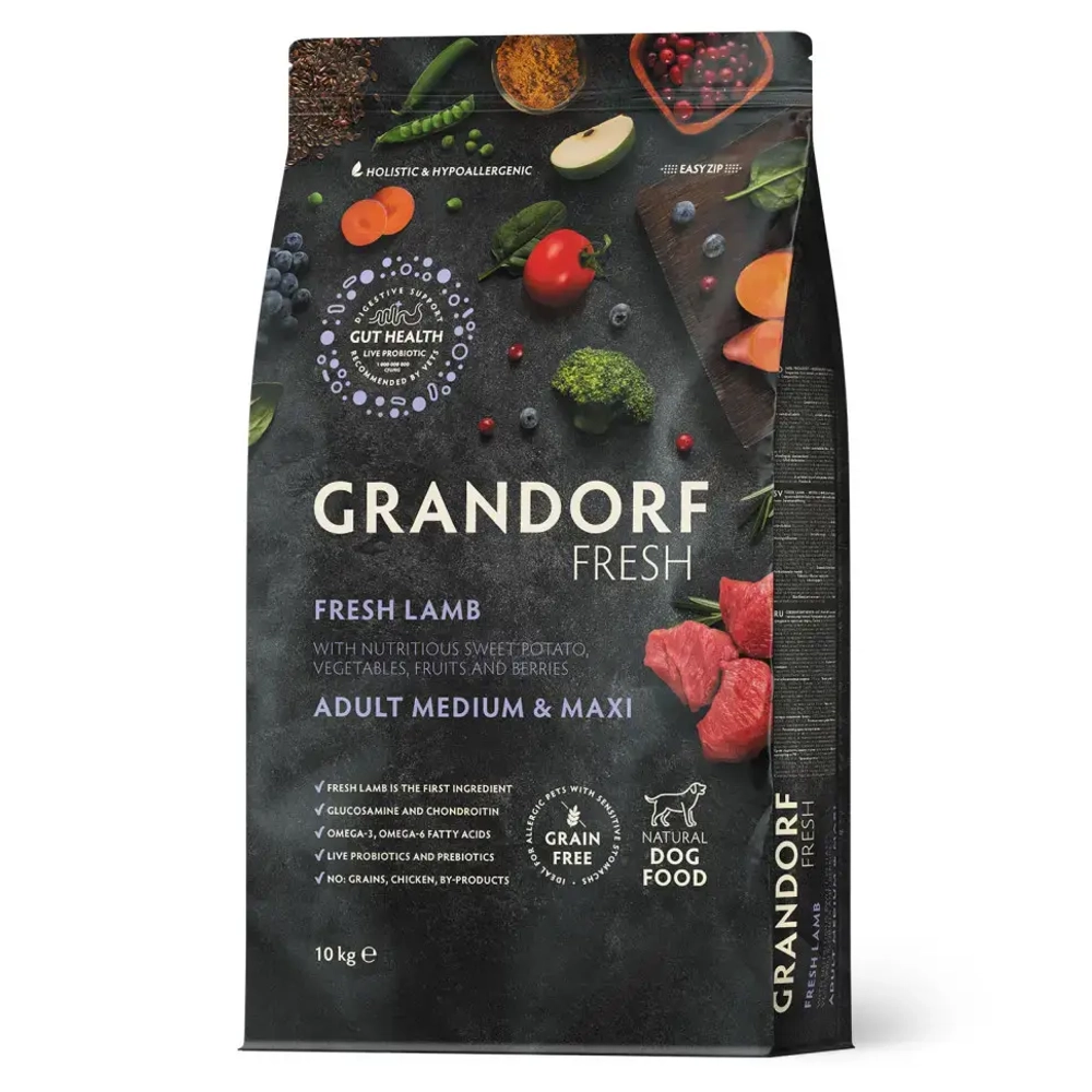 Grandorf fresh dog adult med&maxi lamb&sweet potato сухой беззерновой корм с живыми пробиотиками для взрослых собак средних и крупных пород с ягненком и бататом - 10 кг