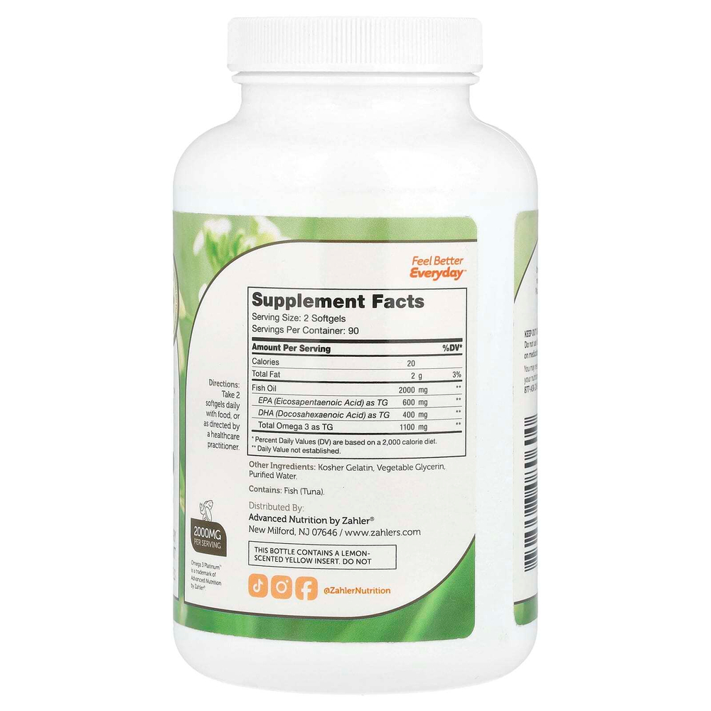 Zahler, Omega 3 Platinum, рыбий жир с омега-3, улучшенная формула, 2000 мг, 180 капсул (1000 мг в 1 капсуле)