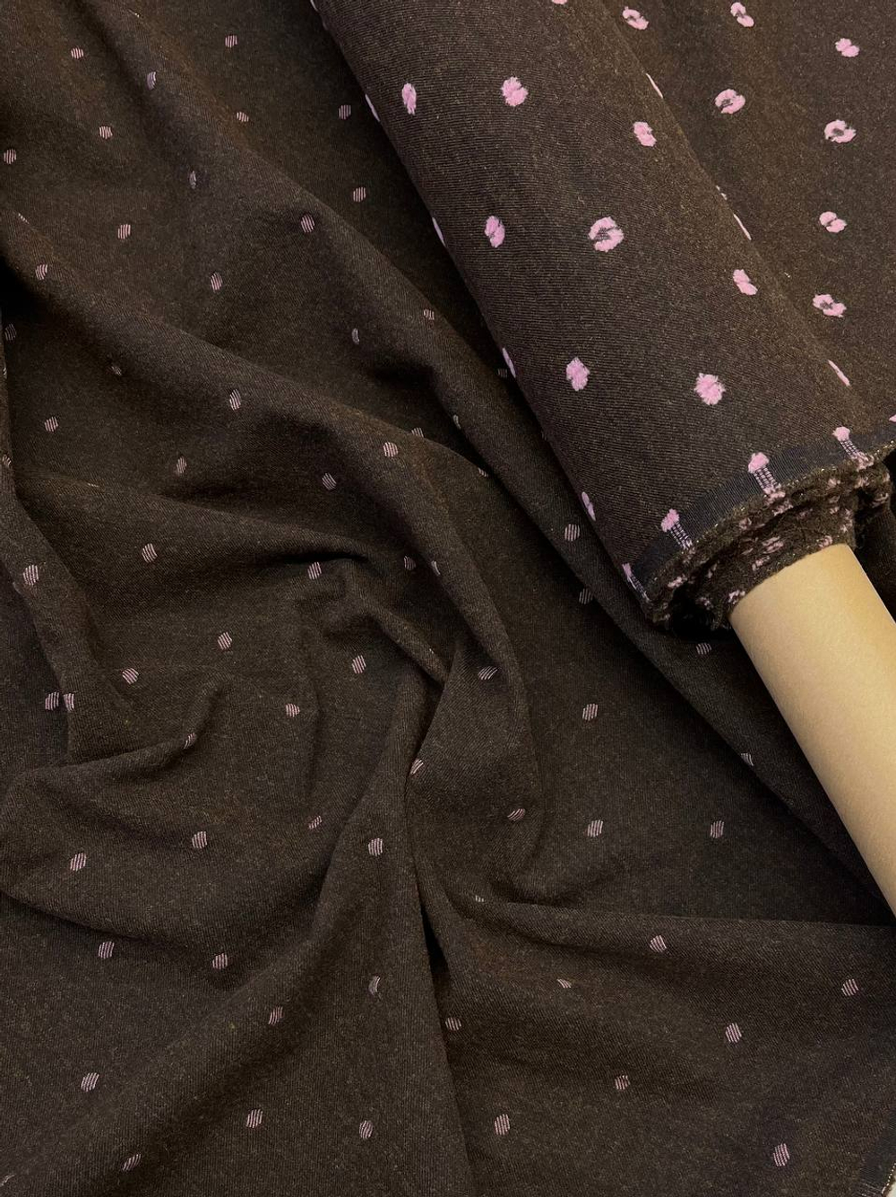 Шерсть с хлопком и п/а Canclini темно-коричневая в розовый горошек