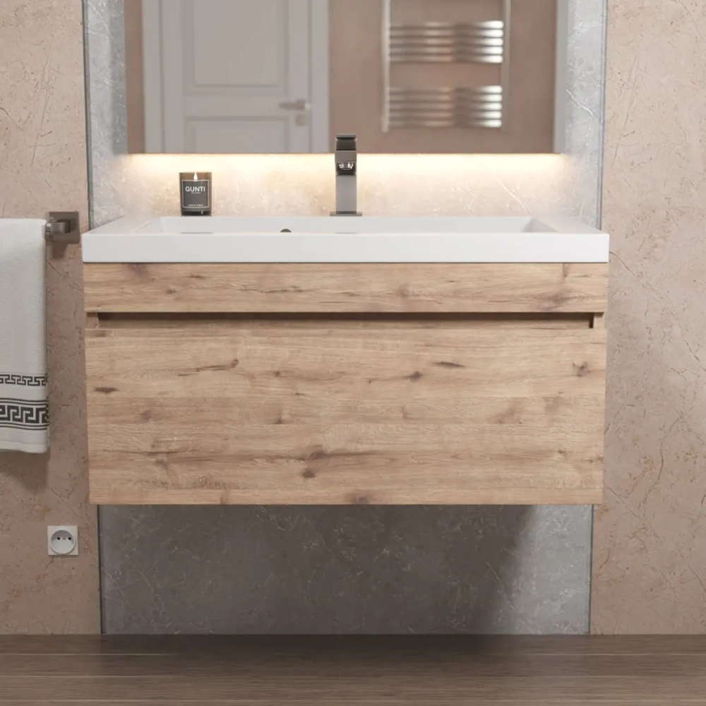 Тумба с раковиной для ванной Uperwood Eva, 75 см, подвесная, Крафт Табачный, выдвижной ящик